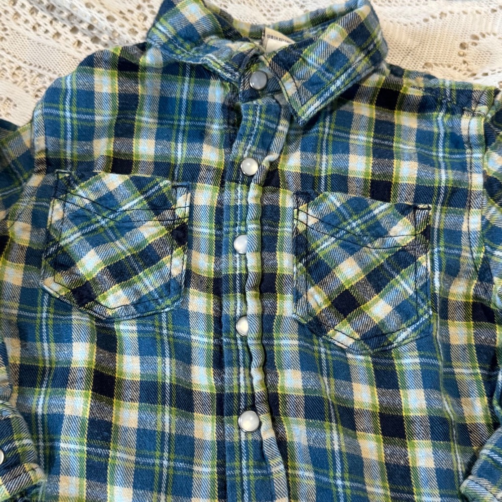 Cherokee Blue‎ Green Plaid Snap Front Flannel Shirt Kids Size 2T holiday